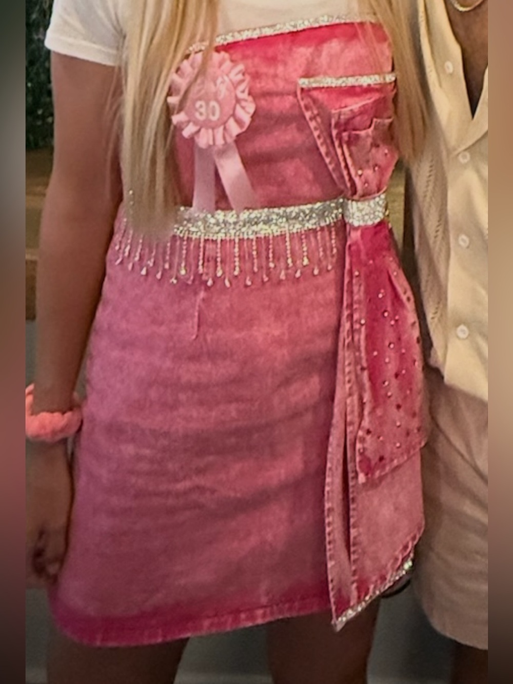 Custom Pink Rhinestone Embelished Strapless Denim Party Dress with Sparkle Bow